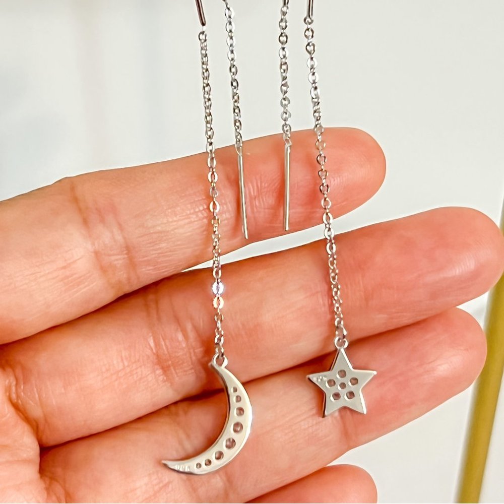 Crescent Moon & Star Drop Earrings, Night Sky Drop Earrings, Bridesmaid Jewelry - Picture 8 of 12